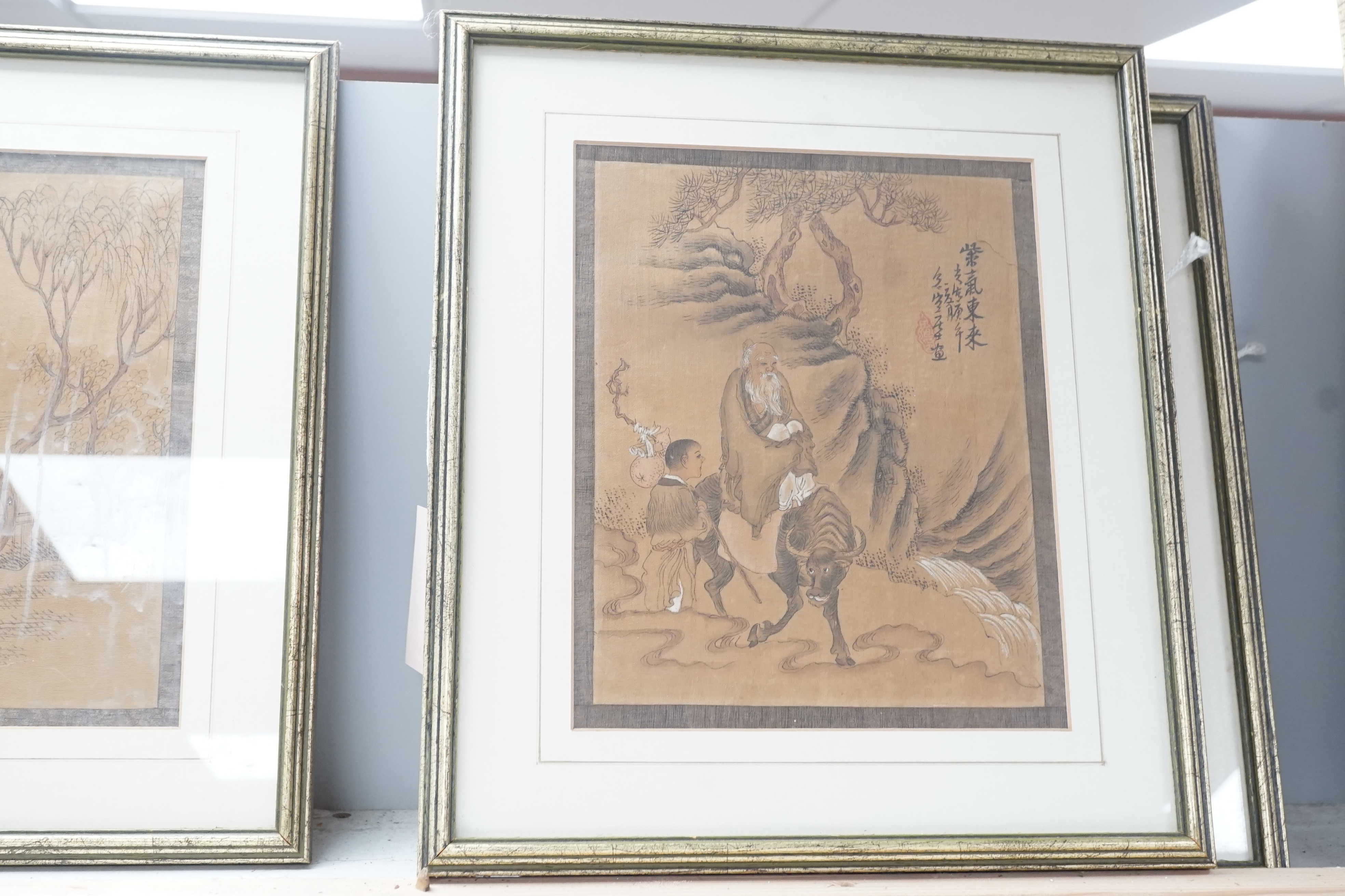 Chinese School, four ink and watercolour studies, Figures in landscapes, 23 x 18cm